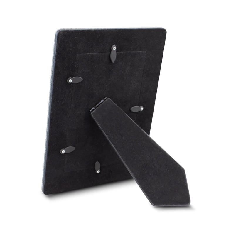 A black photo frame with a standing support and back clips for securing photos, featuring a logo on the back.