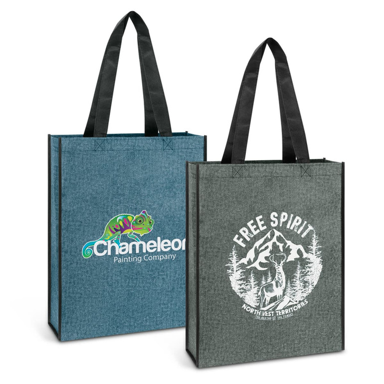 A tote bag with a teal and grey design, featuring branding on both sides and black handles.