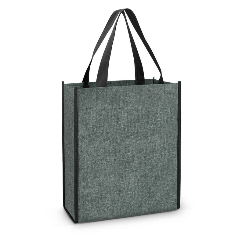 A grey tote bag with black handles, featuring a simple design and a branding logo.