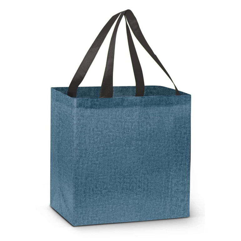 A blue tote bag with black handles, featuring a square design and a texture resembling heather fabric.
