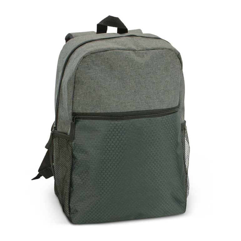 A grey backpack with textured fabric and a mesh side pocket. It features a zippered front compartment and adjustable straps.