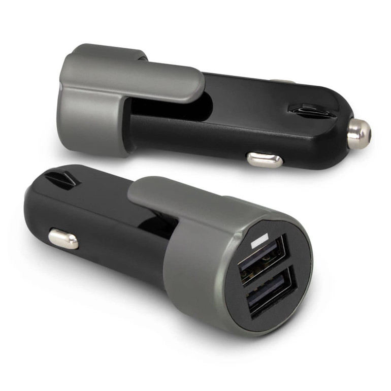 A black and grey USB car charger with two ports and a sleek design. The product features a branding logo.