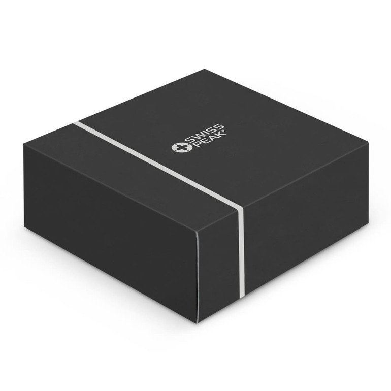 A black gift box with a silver band and a logo, designed for the Swiss Peak 3-in-1 Safety Charger.