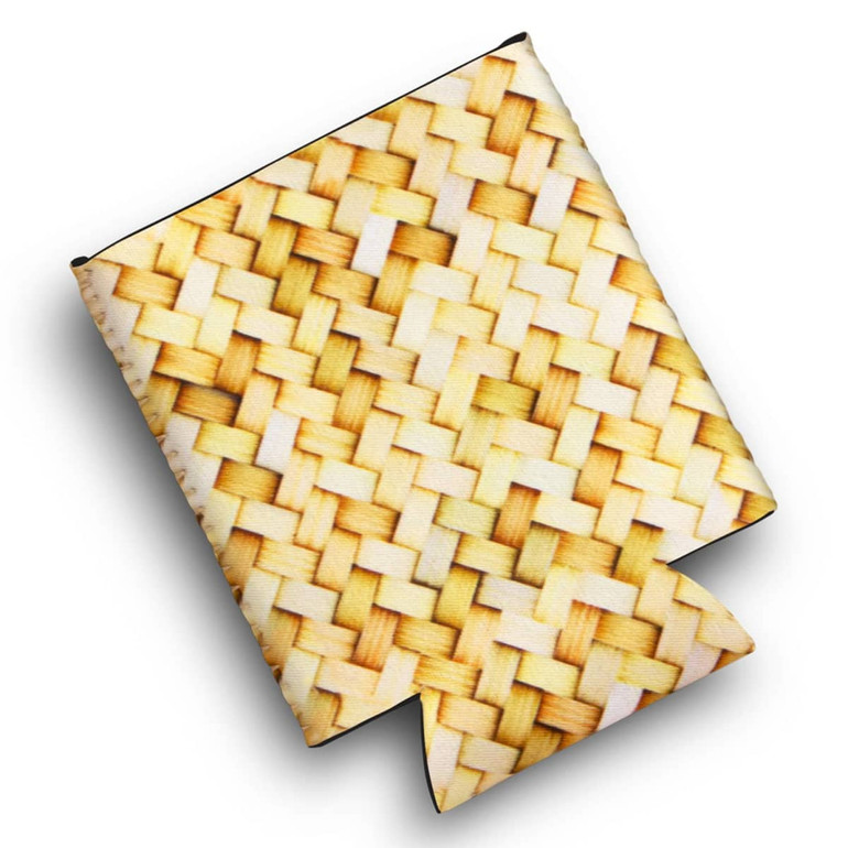 A drink bottle cooler featuring a woven straw design in shades of yellow and cream, with a logo displayed.