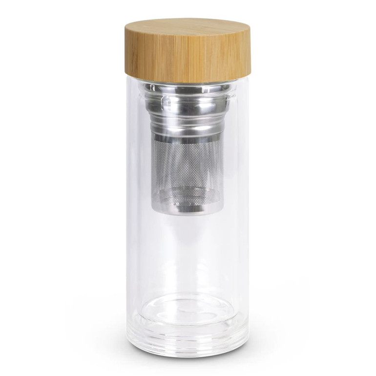 A drink bottle with a clear glass body and a bamboo lid, featuring a stainless steel infuser inside.