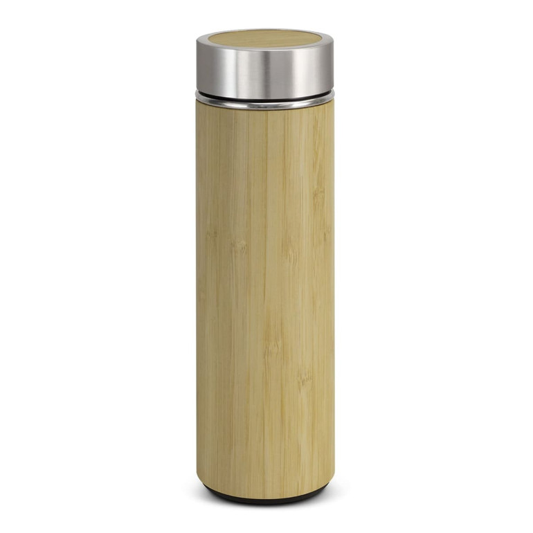 A drink bottle made of bamboo with a silver stainless steel lid, featuring a smooth, sleek design.