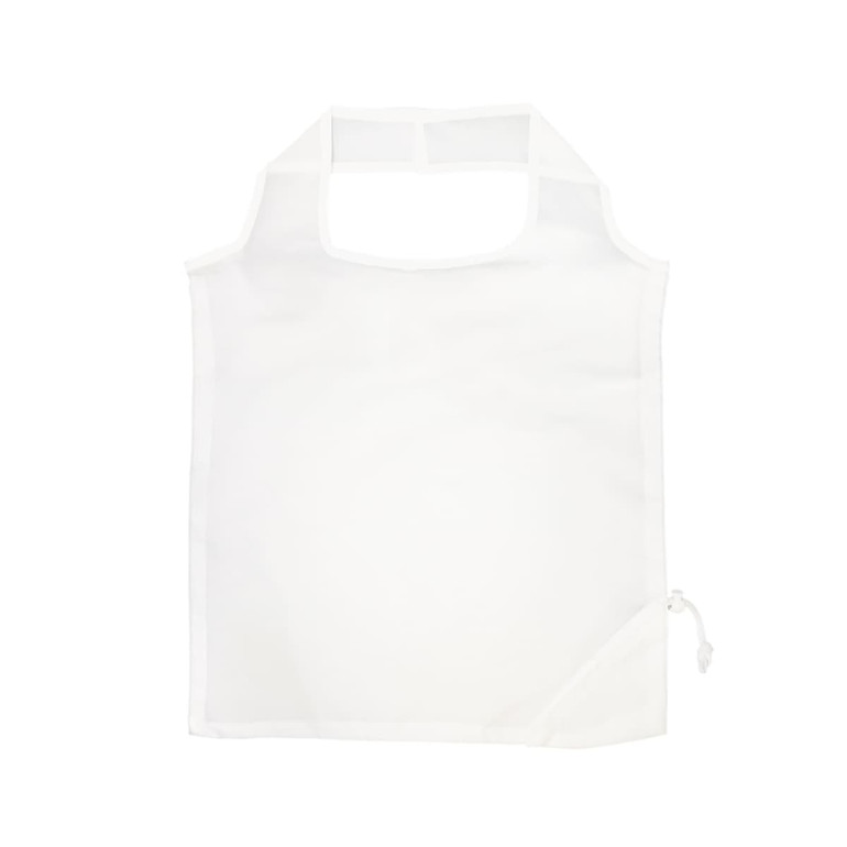 A foldable, white reusable grocery bag with a simple design and a drawstring closure on one side.