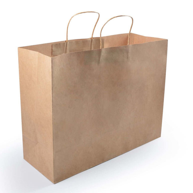 A large brown paper bag with two handles, featuring a smooth surface and no visible text or branding.