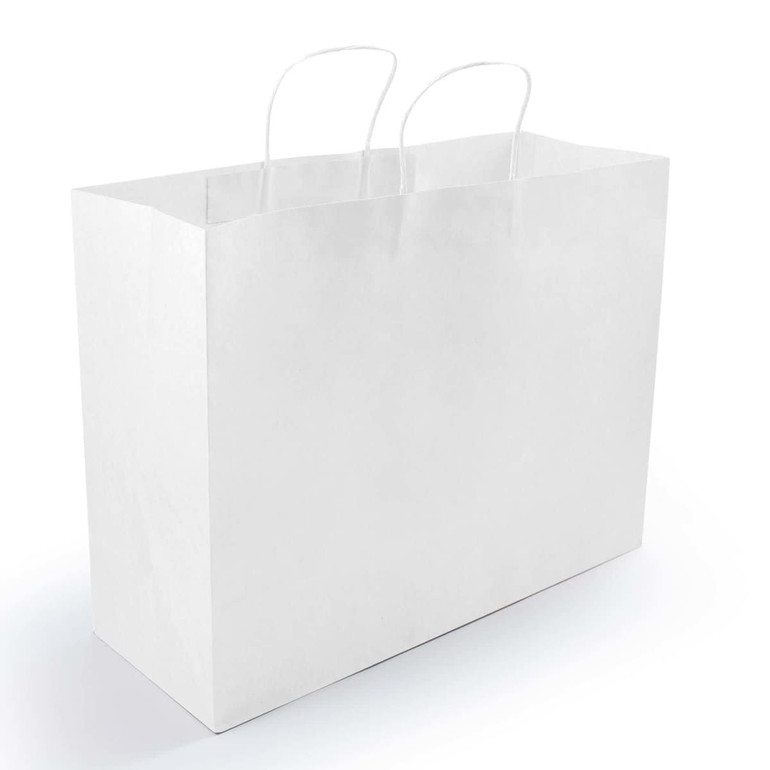A plain white extra-large paper bag with two handles, designed for carrying items.