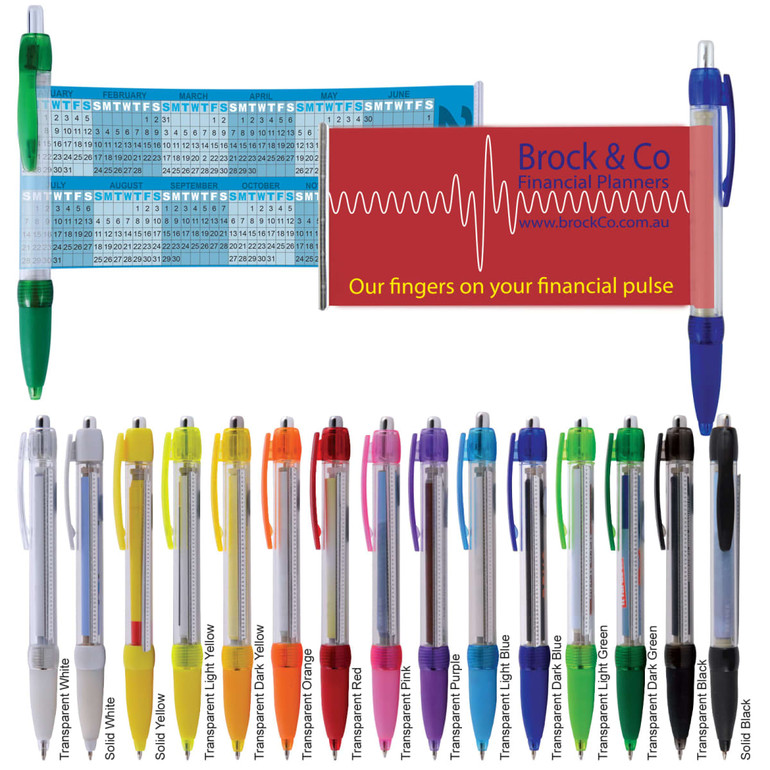 A collection of colorful plastic pens in various shades, with a promotional item and branding included in the image.