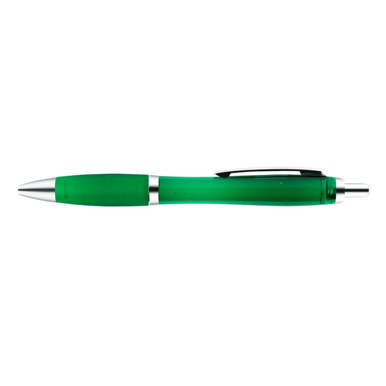 A transparent green plastic pen with a silver clip and tip.