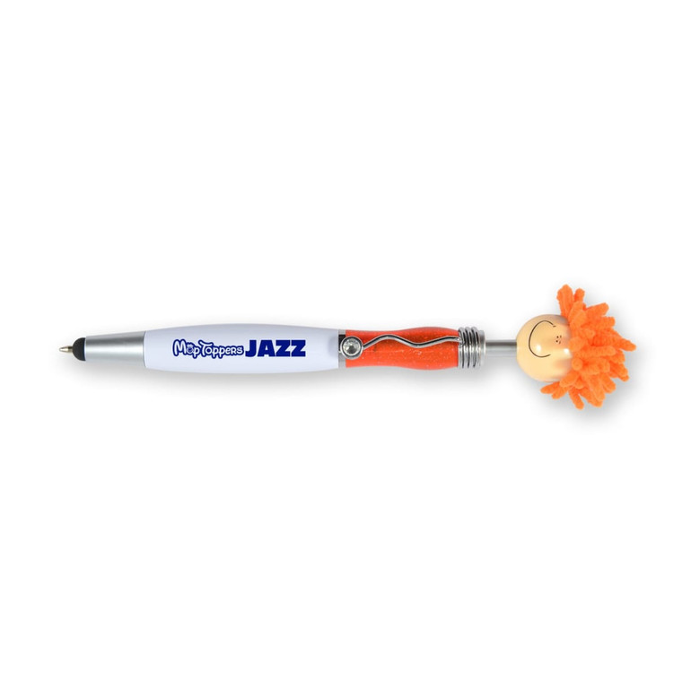 A stylus pen featuring an orange mop-top design, with a white barrel and a playful face on top.