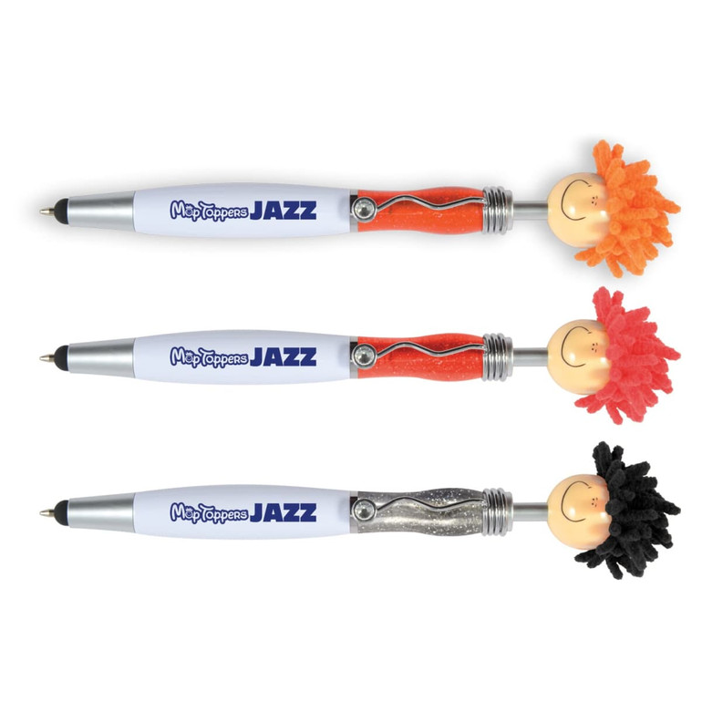 A trio of Mop Top Jazz pens in orange, red, and black, featuring colorful fuzzy haired toppers and a decorative logo.