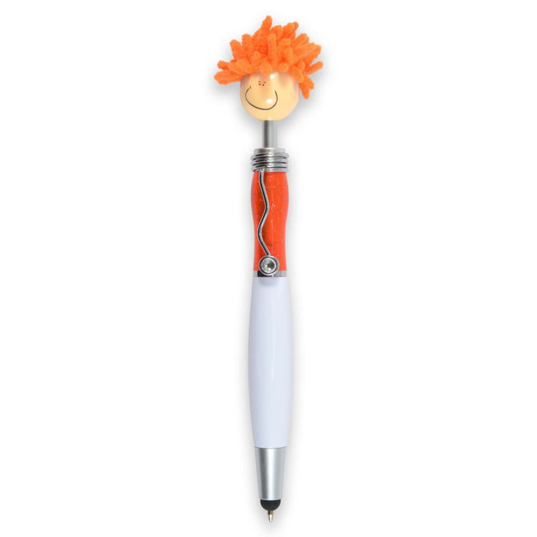 A stylus pen featuring a smiley face topper with orange hair, a red and white body, and a silver accent.