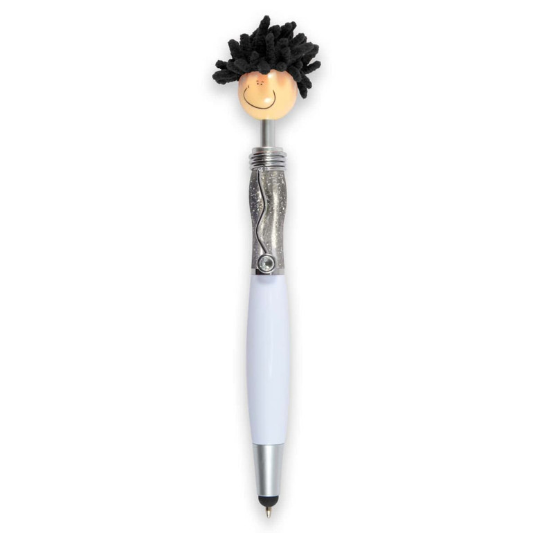 A stylus pen with a smiling face topper and black textured hair, featuring a silver barrel and white grip.