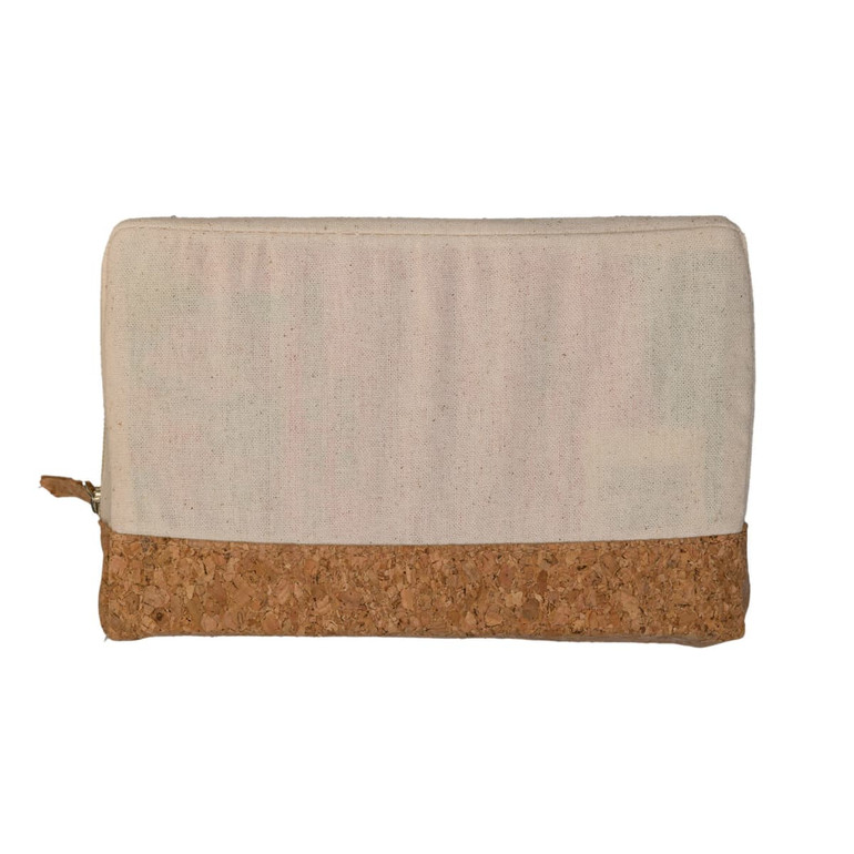 A cork utility case with a textured fabric upper and a cork bottom.