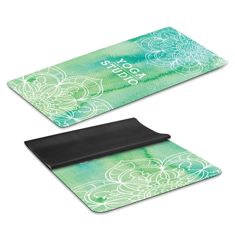 A yoga mat in shades of green, featuring a floral pattern and a black underside, with a logo prominently displayed.