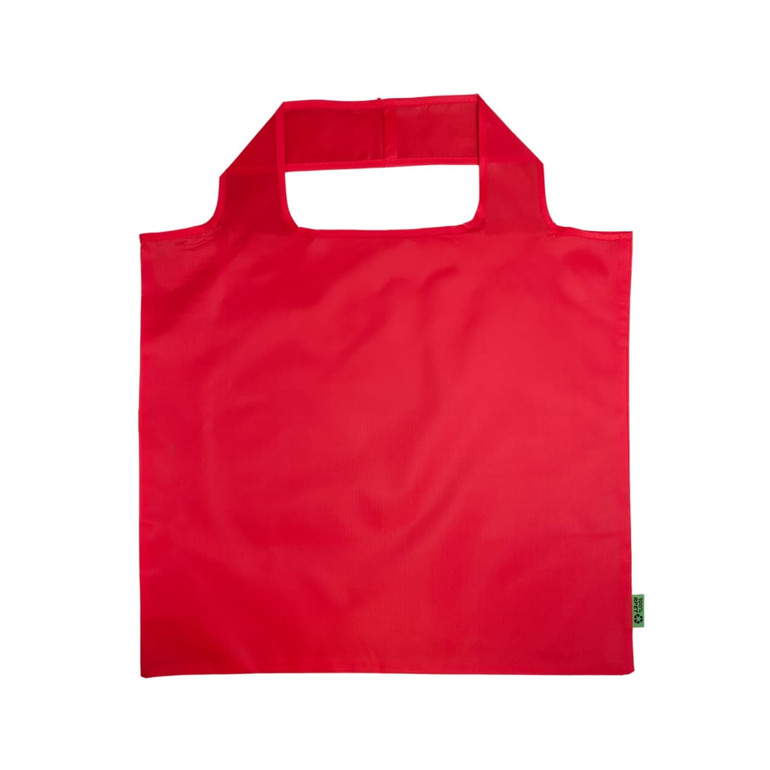A red reusable grocery bag with a rounded handle and a small logo. The bag is made from recycled PET material.