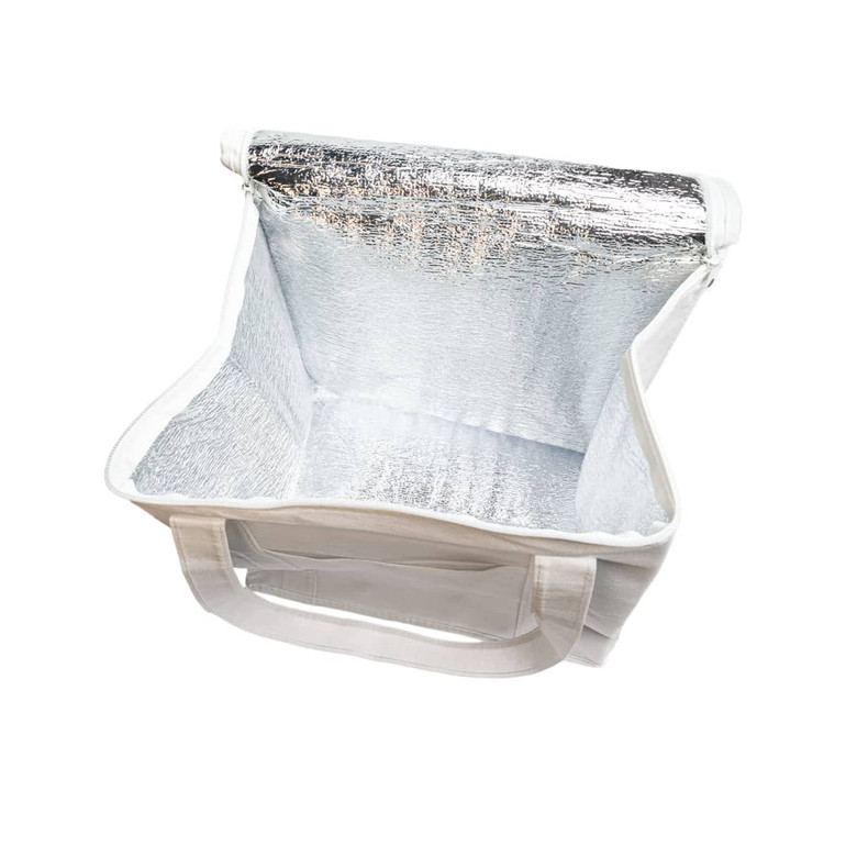 A white cooler bag with a silver insulated interior and sturdy handles. It has a simple design and a logo.