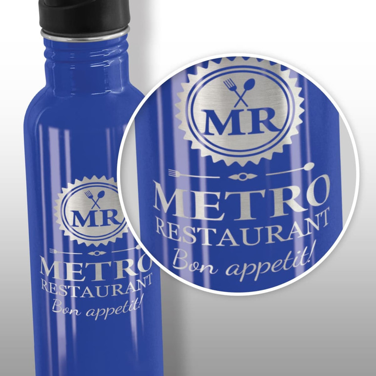 A drink bottle in a vibrant blue colour featuring a logo and text design.