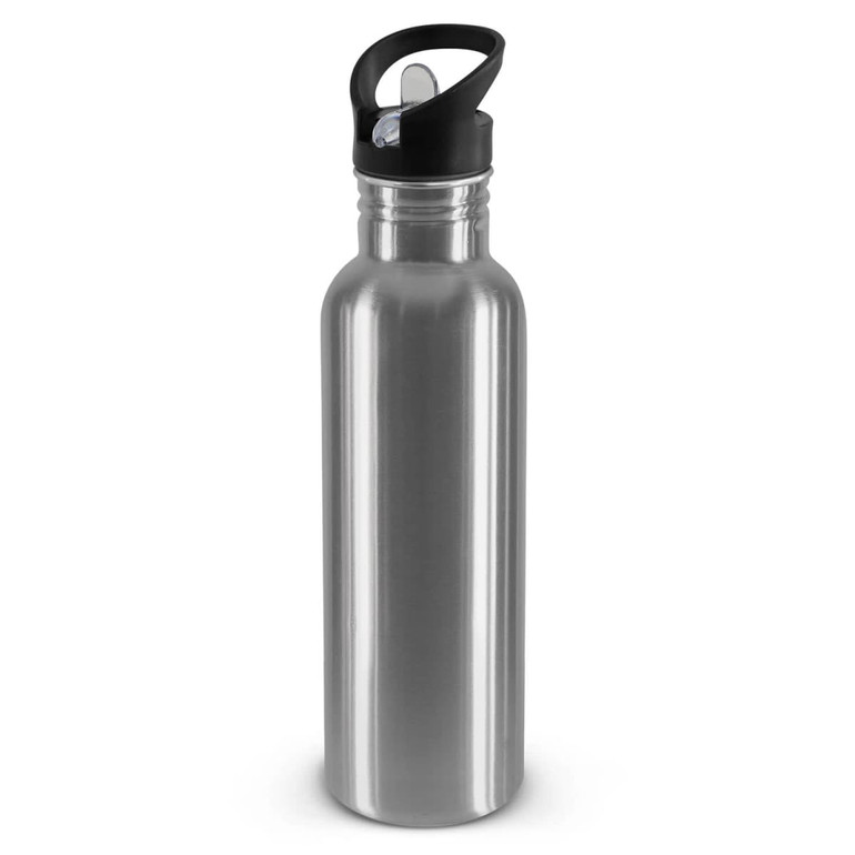 A drink bottle made of stainless steel with a black cap. It has a sleek, shiny finish and a logo on the side.