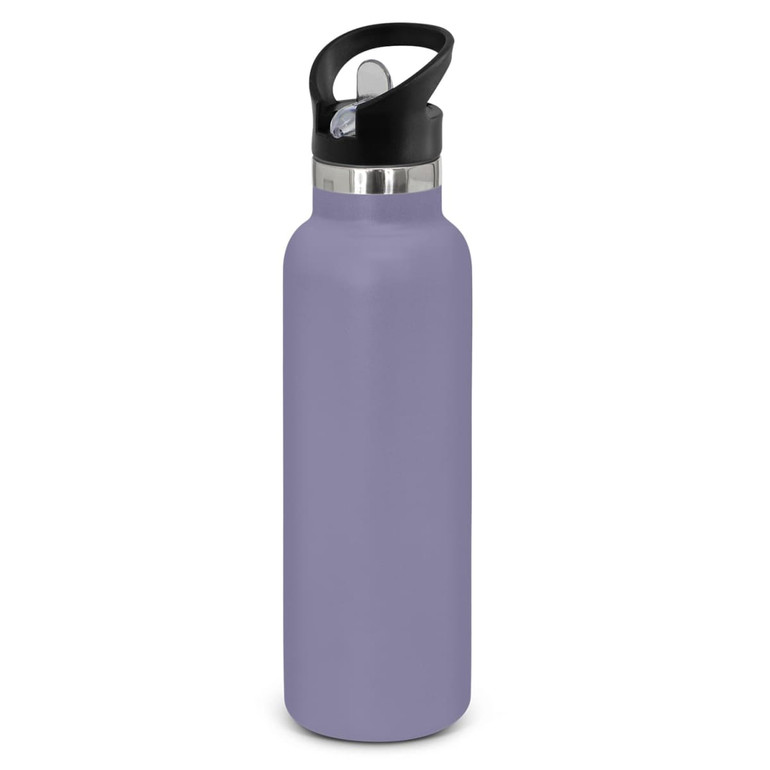 A drink bottle in a lavender colour with a black lid and a silver band, featuring a logo.