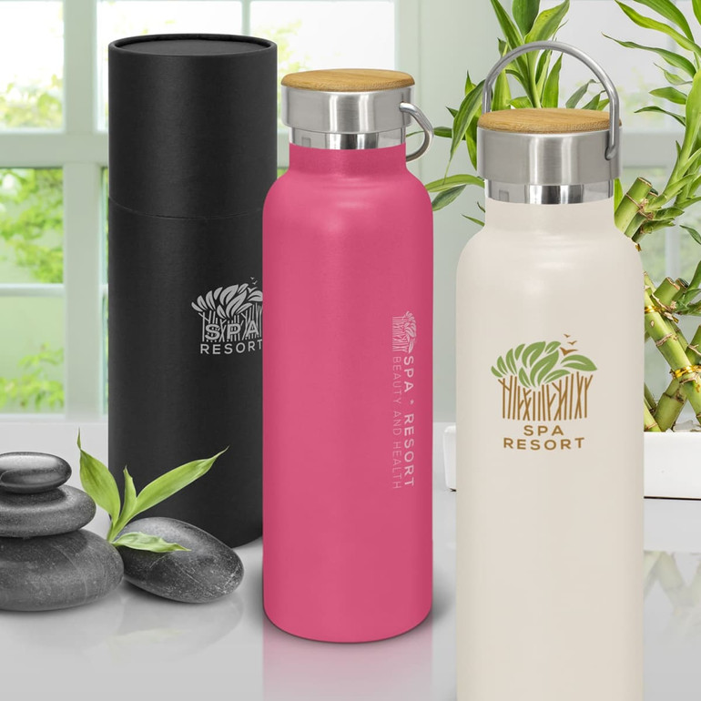 A drink bottle set featuring a black, pink, and white vacuum-sealed design with wooden lids and branding.