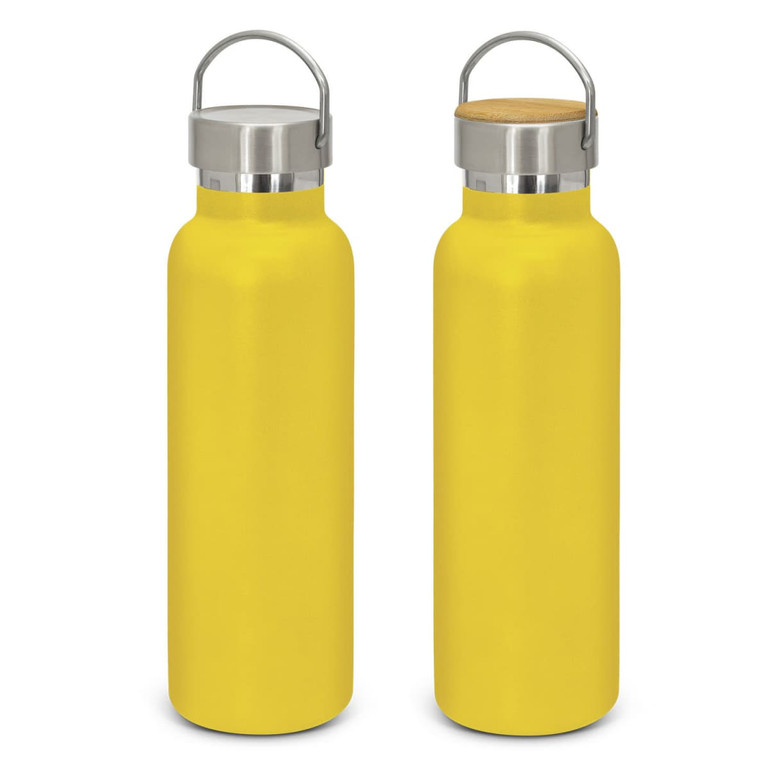 A drink bottle in bright yellow with a stainless steel lid and a wooden top, featuring a branding logo.