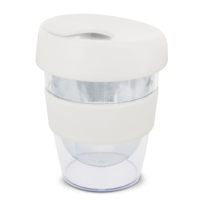 A drink bottle features a clear body with a white lid and band, designed for hot beverages with a capacity of 230ml.