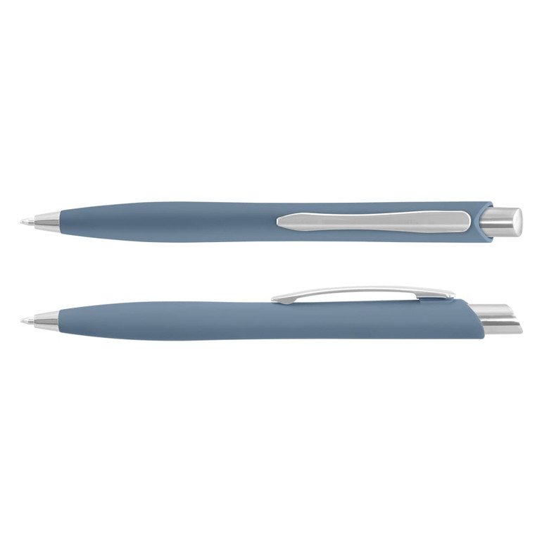 A set of blue plastic pens with a silver clip and tip, featuring a smooth finish and a logo.
