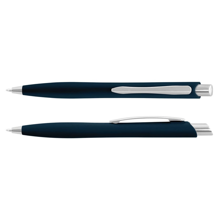 A navy plastic pen with a silver clip and tip, featuring a smooth grip. It has a simple design and a logo.