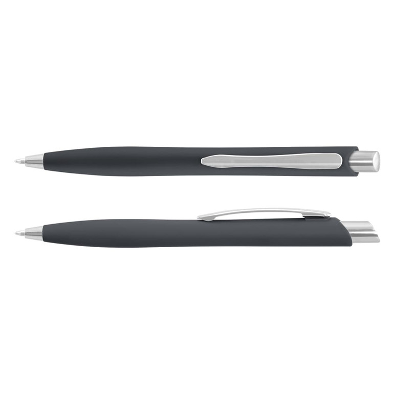 A Javalin pen in dark grey with a sleek design and silver accents, featuring a branding logo.