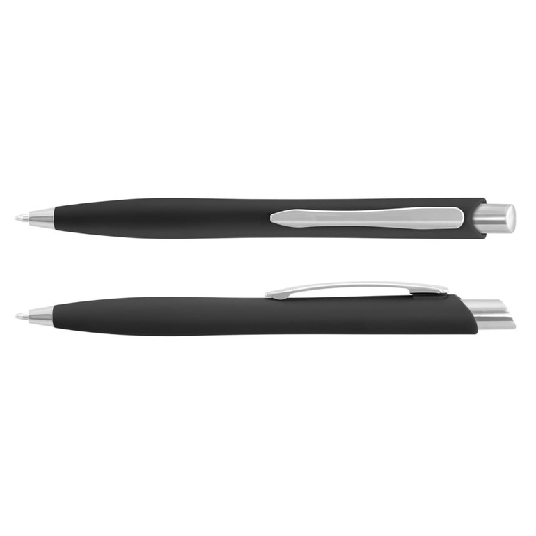 A black plastic pen with a silver clip and a minimalist design, featuring a smooth grip.