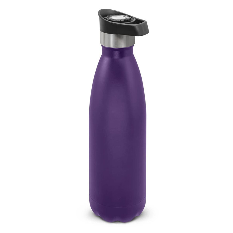 A drink bottle in a matte purple finish, featuring a push-button lid and silver accents. It has a logo on the lid.