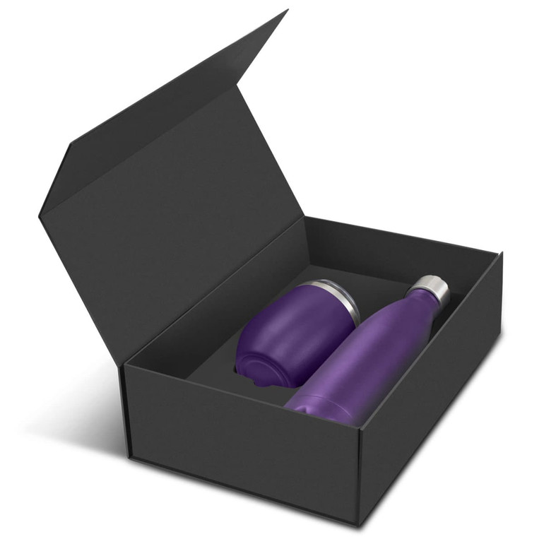 A purple drink bottle and tumbler are presented in a sleek black gift box. The set features a logo on the items.