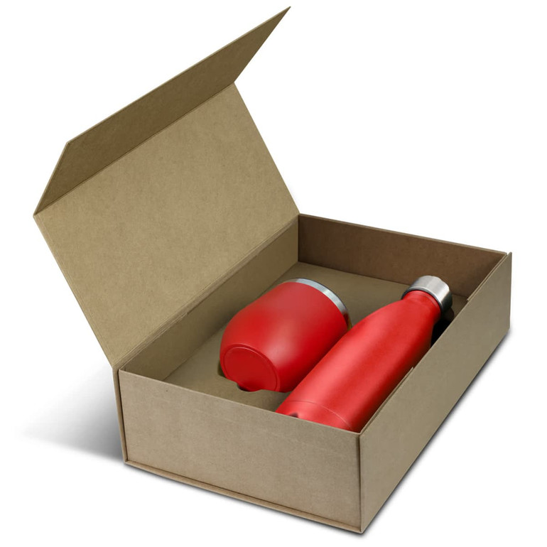 A red drink bottle and a red cup neatly packaged in a square, open cardboard box.