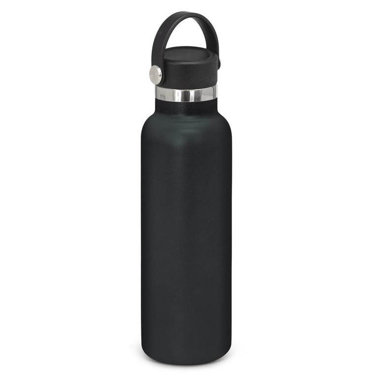 A drink bottle in matte black with a stainless steel band and a carry lid. It features a logo on the bottle.