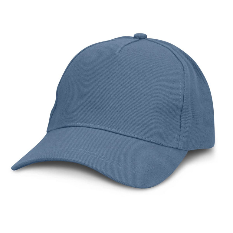 A blue cap with a structured design and a curved brim, featuring a logo on the front.