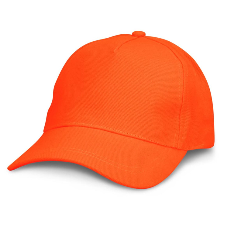 An orange cap with a curved brim and a structured crown, featuring a logo on the front.