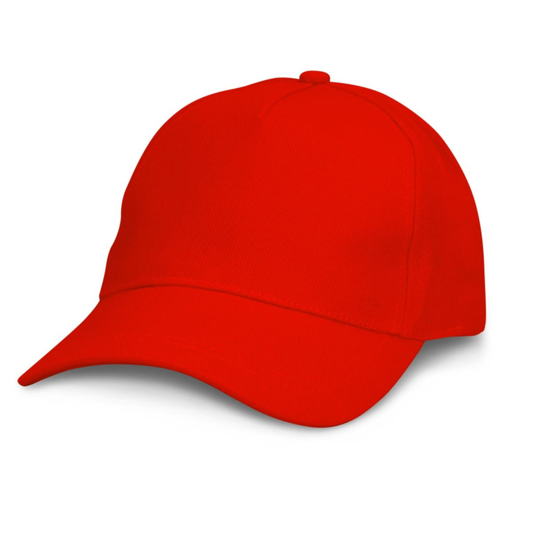 A red cap with a curved brim, featuring a logo or branding, displayed on a white background.