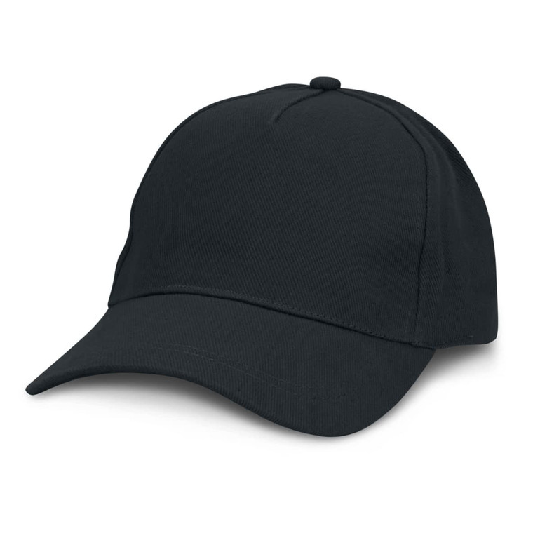 A black baseball cap with a rounded crown and a curved peak, featuring a subtle logo.