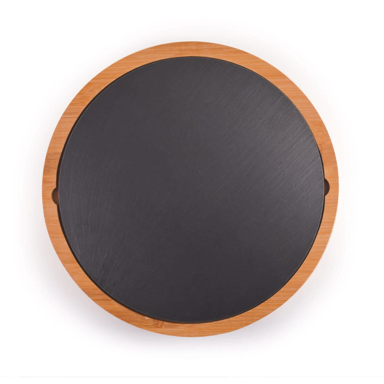 A round cheese board featuring a bamboo edge and a smooth slate surface.