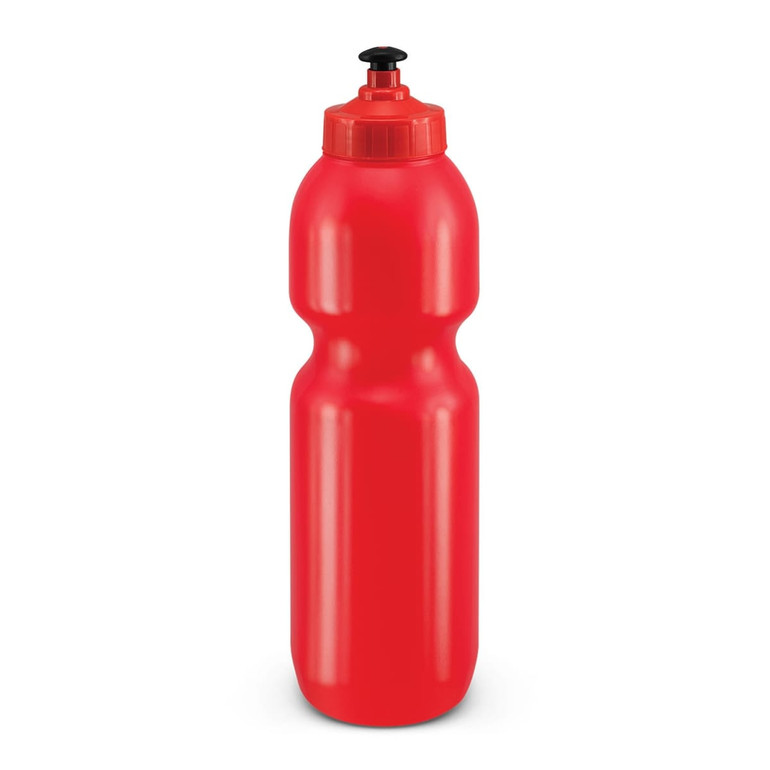 A drink bottle in bright red color with a wide body and a secure flip-top cap.