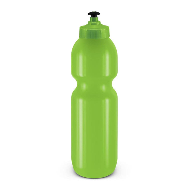 A drink bottle in bright green, featuring a screw-on lid and a nozzle, with a smooth, glossy finish.