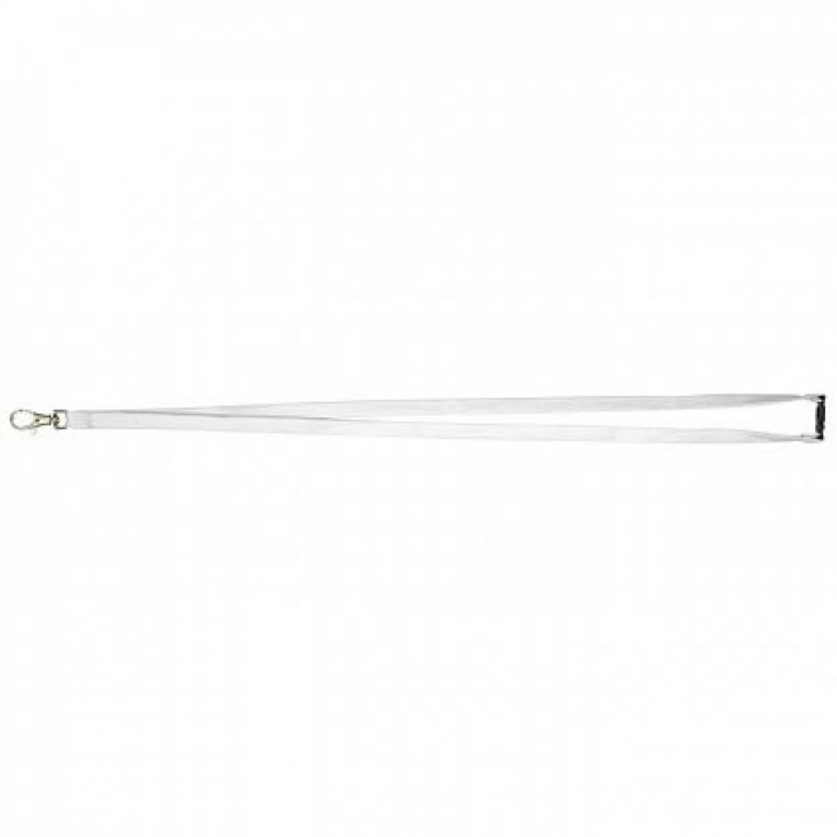 A white lanyard with a hook attachment and a branding logo, ideal for exhibitions and events.