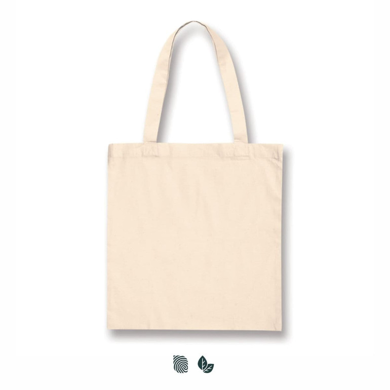A plain beige cotton tote bag with two handles and a logo. The bag is rectangular in shape.