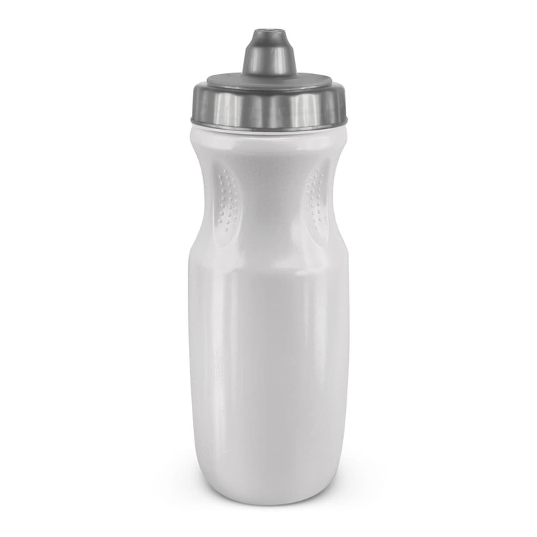 A drink bottle with a sleek white body and a gray twist-off lid, featuring a textured grip.