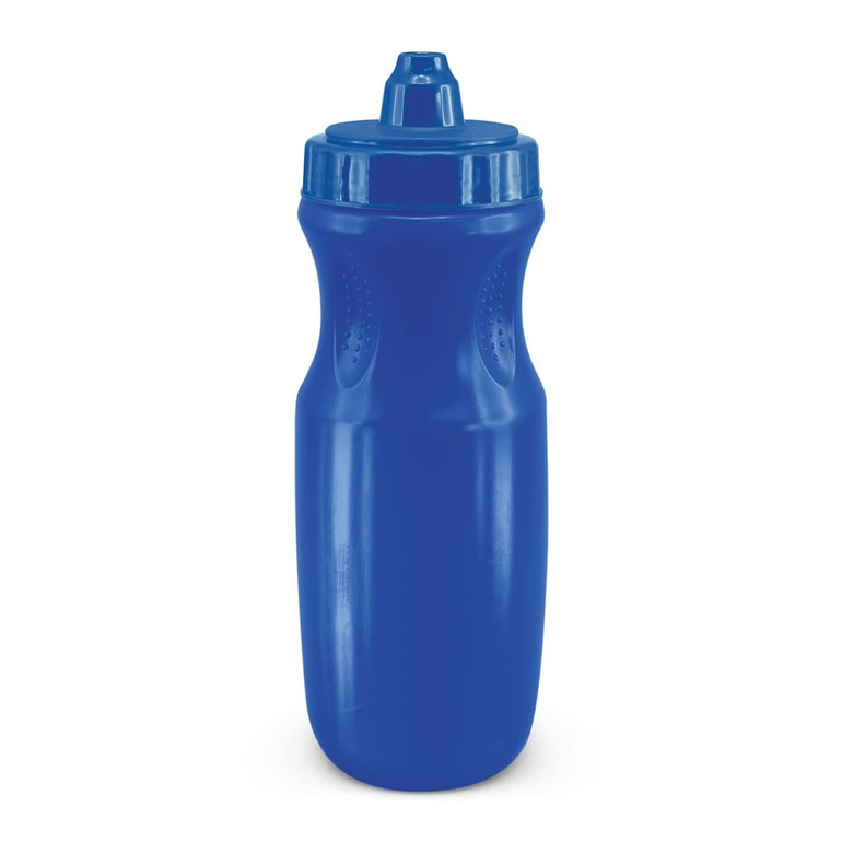 A drink bottle in bright blue with a screw-on cap and ergonomic design. Features a logo on the side.
