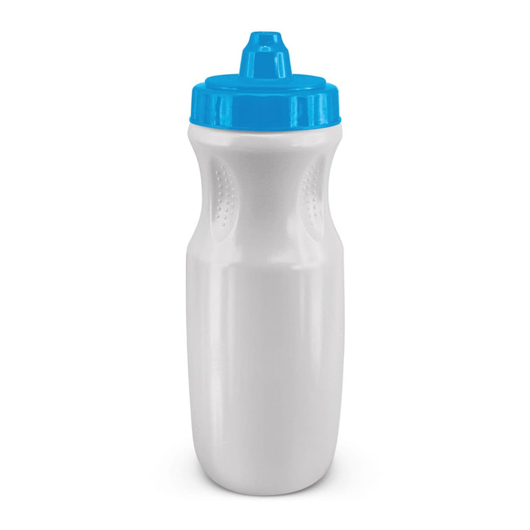A drink bottle in white with a blue lid and a textured grip, featuring a branded logo.