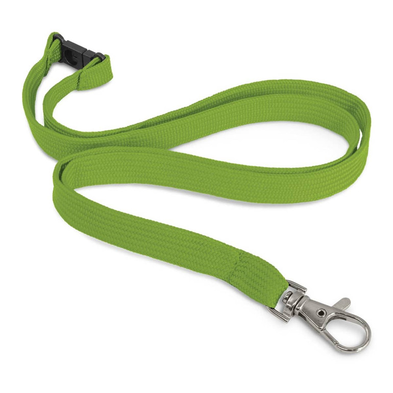 A green lanyard with a 12mm width and a metal clip for attaching items. It includes a plastic breakaway feature.